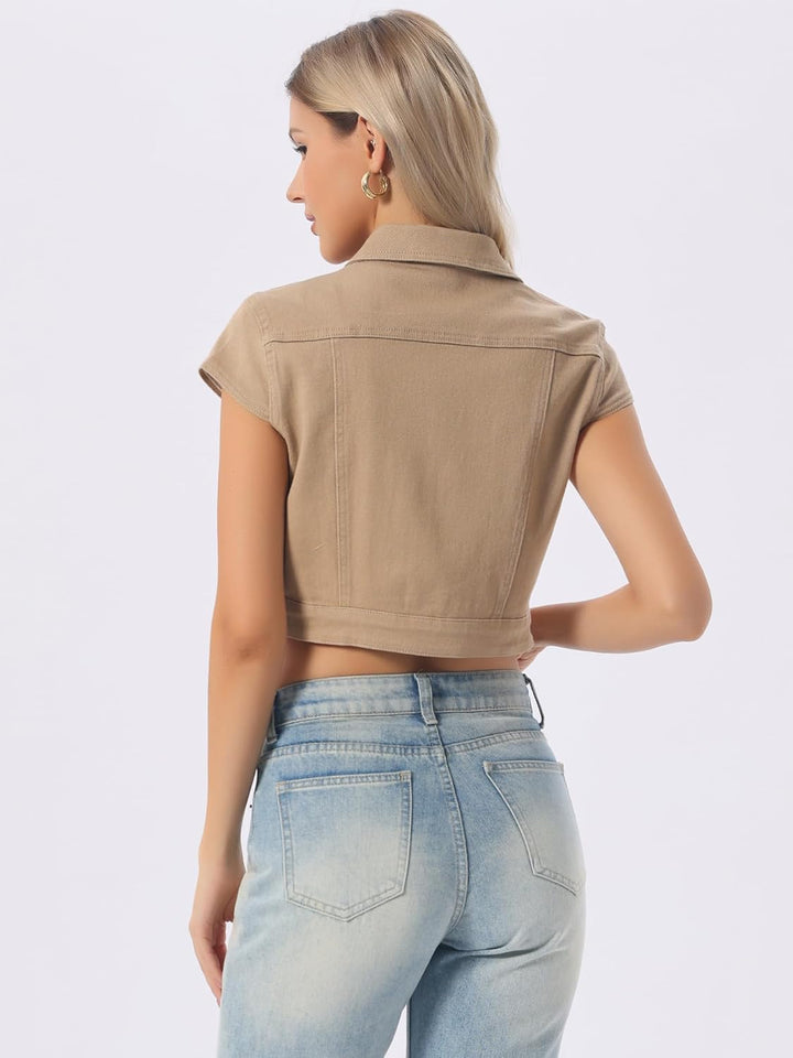 Allegra K Damen Kurzarm Jeansjacke kurze Jacke Sommer Knöpfen Stretch Denim Crop Westen Weste XS Kha