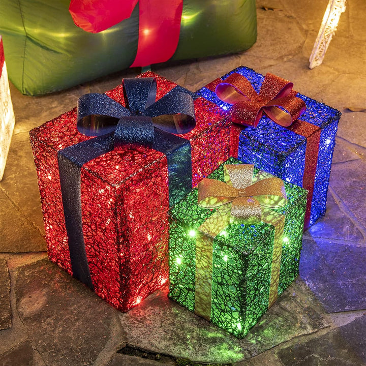 DELICHTER LED Weihnachtsdeko, 3× Rot/Grün/Blau Geschenkbox mit Schleifen Weihnachtsbeleuchtung für I