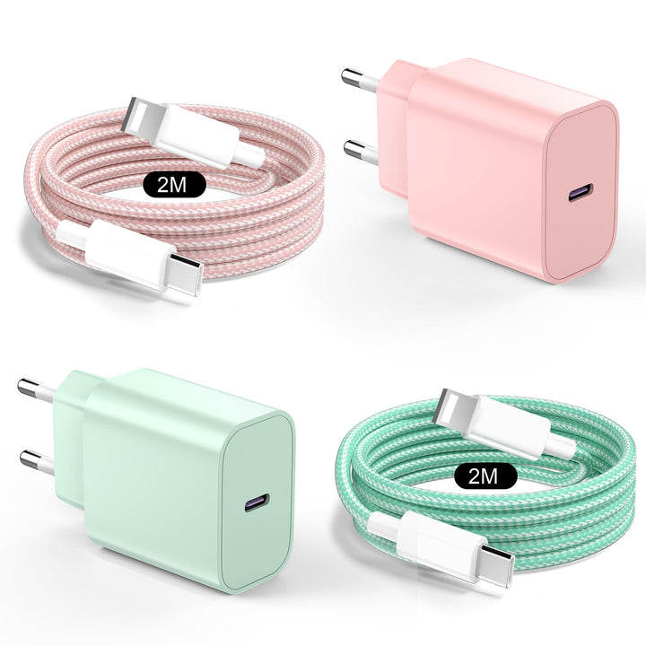 20W USB C Schnellladegerät mit 2M Lighting Ladekabel für iPhone 14/13 2Pack Rosa+Grün, Rosa+Grün