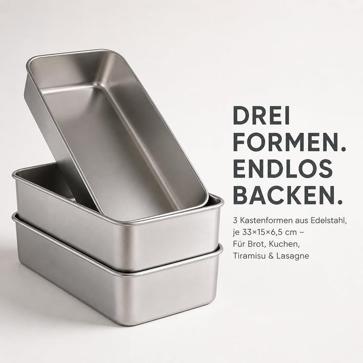 ZOENHOU 3 Stück Brotbackform Edelstahl, Kastenform Gross | 33x15x6,5cm Rechteckig Kastenbackform, To
