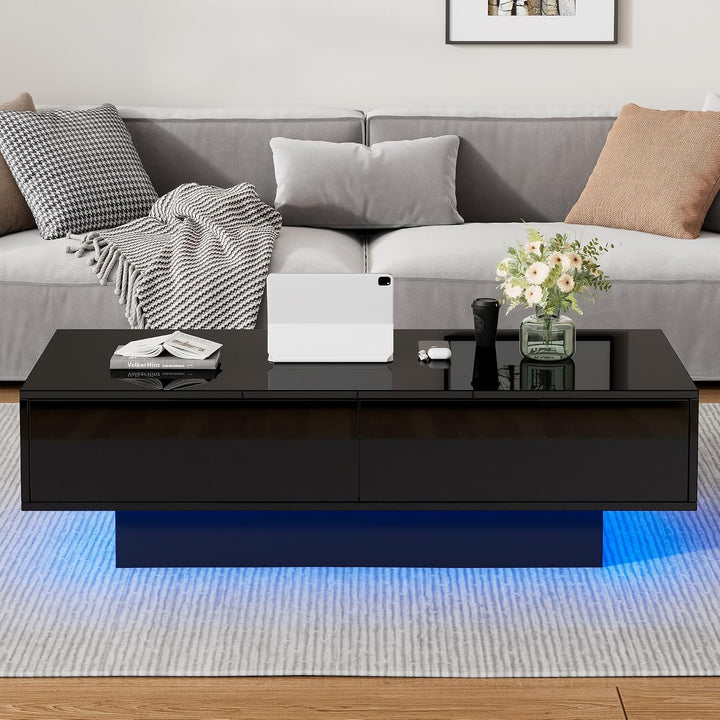 Merax Couchtisch Schwarz Hochglanz, Wohnzimmertisch mit LED Beleuchtung, Kaffeetisch mit 2 Schublade