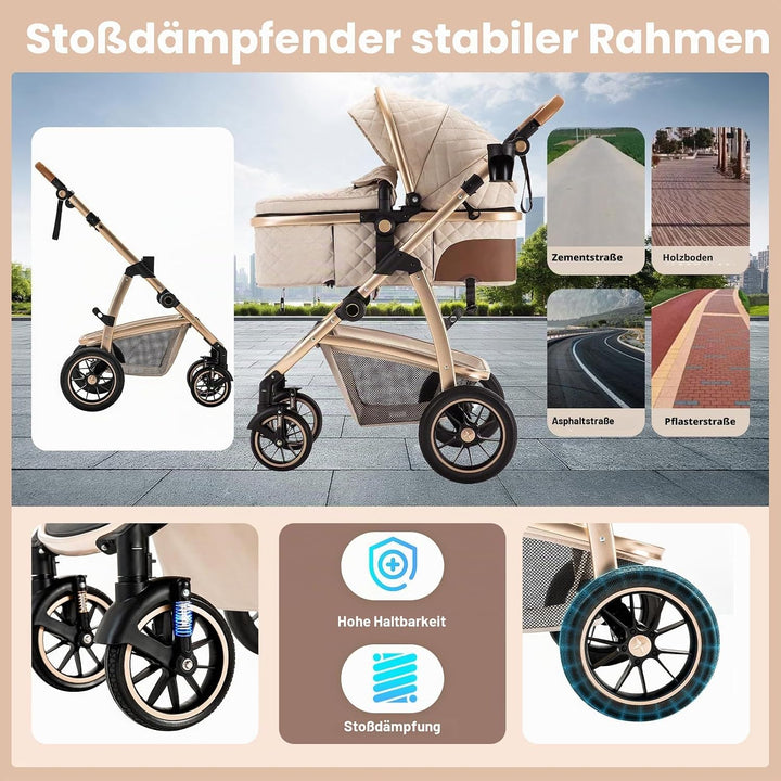 Kinderwagen 3 in 1, Baby Born Kinderwagen mit Einstellbarer Höhe Griff, Bergsteiger Stroller mit Ant