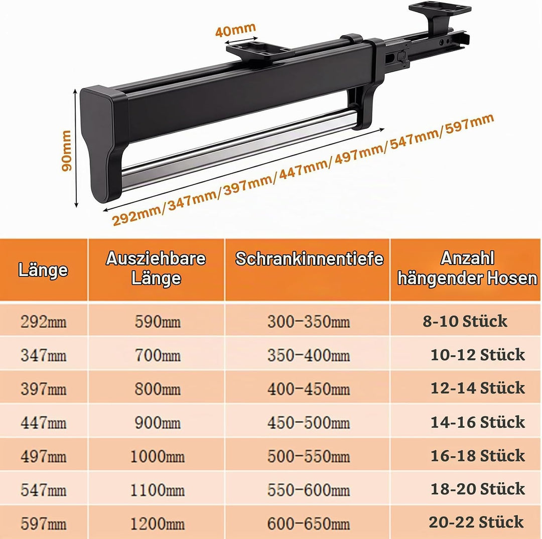 Ausziehbare Kleiderstange für Kleiderschrank, Schrank Organizer 347mm 347 mm/13.7 inch Schwarz, 347