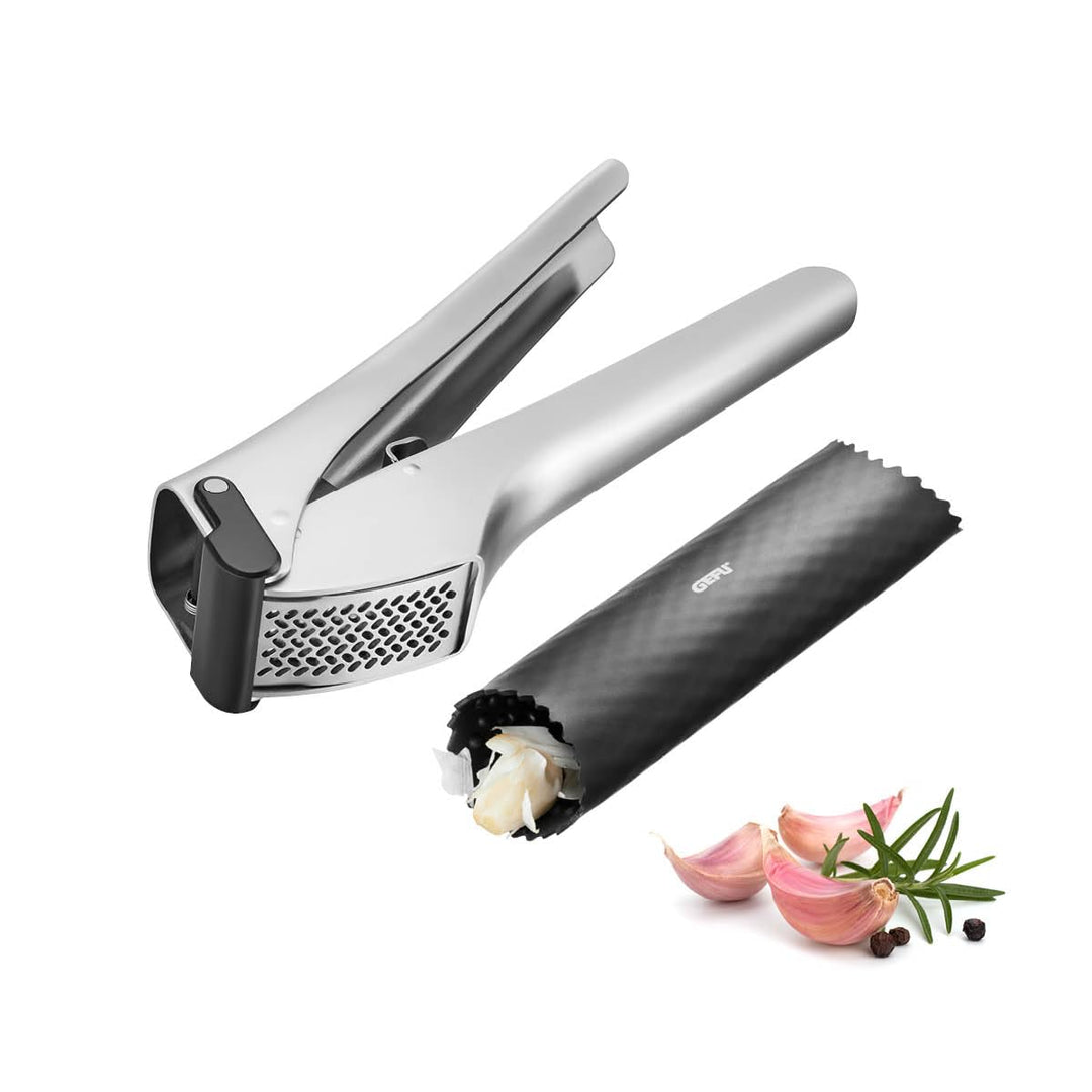 GEFU Knoblauchpresse GARLICO + Knoblauchschäler TUBIO Set – Edelstahl, spülmaschinenfest, ergonomisc