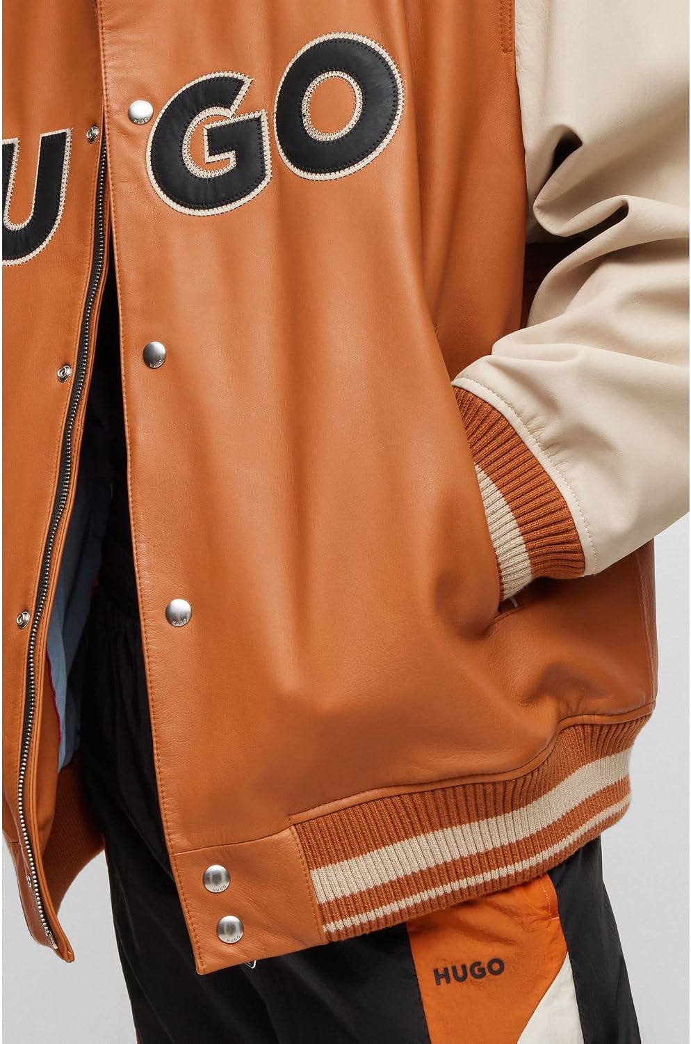 HUGO Herren Luganos College-Jacke aus Leder im Colour-Block-Design mit Logo XS Orange, XS Orange