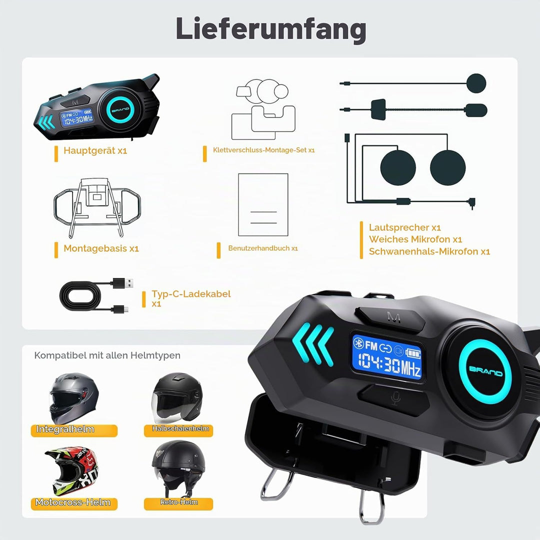 K09 Motorrad Headset, Motorradhelm Bluetooth 5.4, Helm Kopfhörer Gegensprechanlage in Reichweite 500