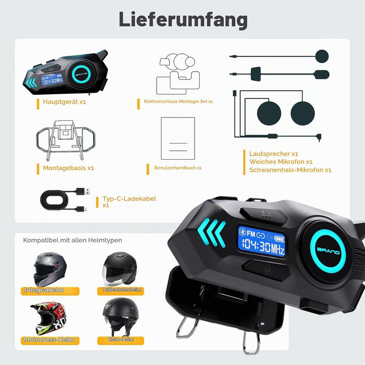 K09 Motorrad Headset, Motorradhelm Bluetooth 5.4, Helm Kopfhörer Gegensprechanlage in Reichweite 500