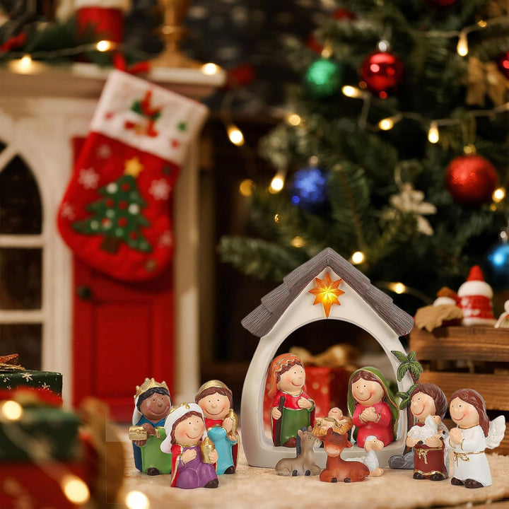 Weihnachtskrippe Set 12-teilig, Jesu Geburt mit Maria Josef Jesuskind, 3 Könige, Hirten &amp; Engel, Fig