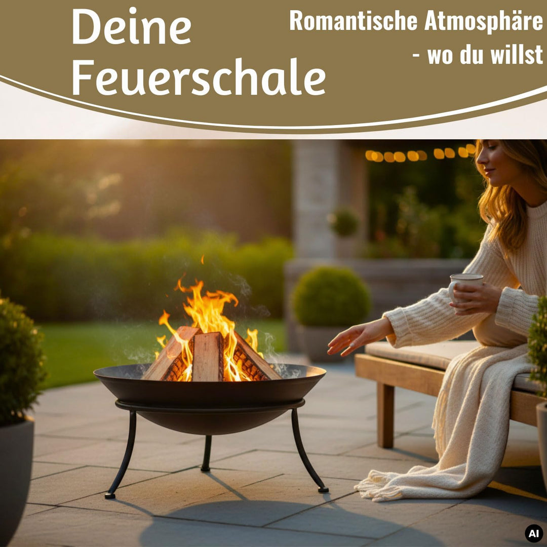 LS-LebenStil Feuerschale Eisen 47cm Schwarz Gestell 3-Bein mit Ring Schale, Schwarz