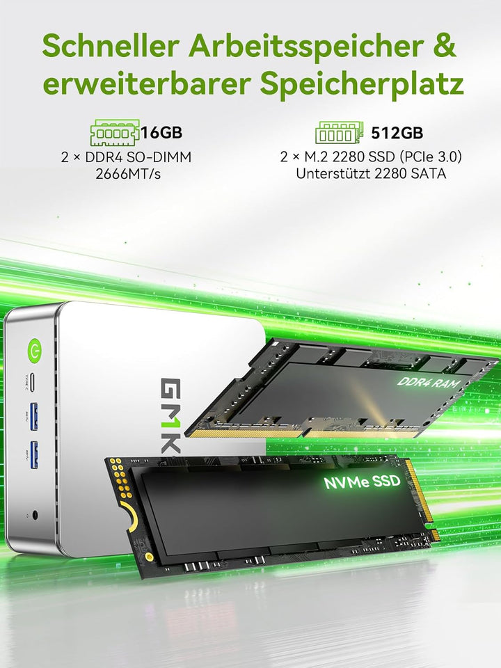 GMKtec Mini PC, G11 AMD Ryzen Embedded R2514 (übertrifft 4300U/N150), Mini Computer 16 GB DDR4 RAM,