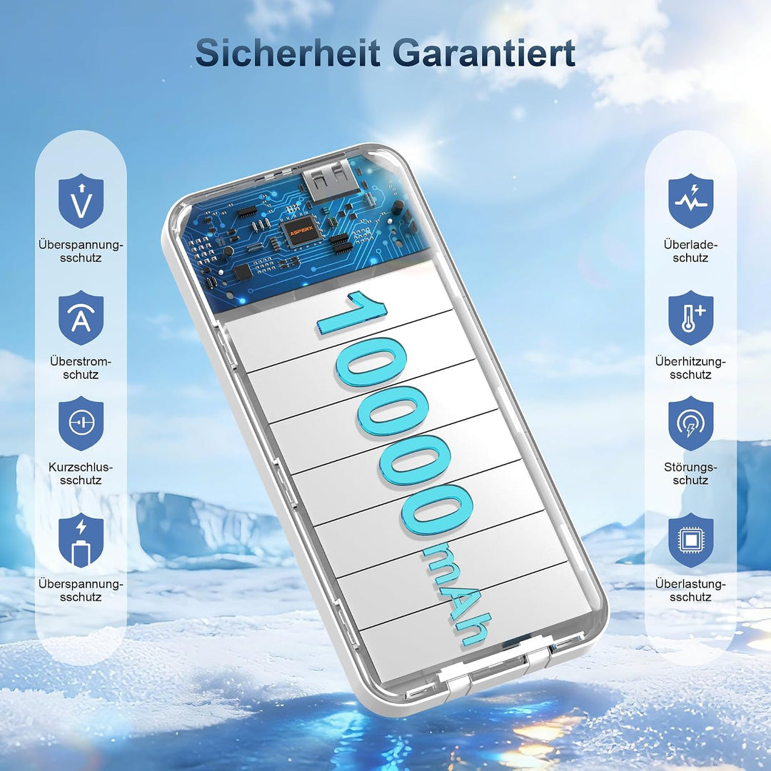 AsperX 2 Stück Powerbank 10000mAh mit USB-C Kabel Schnellladen Schwarz + Weiss, Schwarz + Weiss