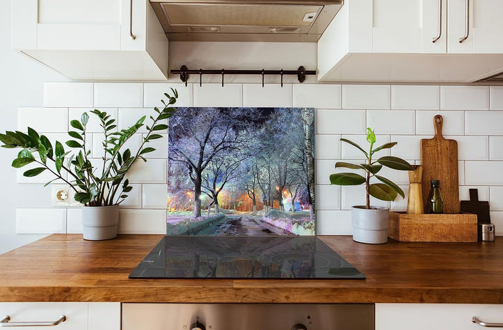 Baumallee im Winter Herdabdeckplatte &amp; Spritzschutz aus Echtglas | Für Herd-Kochfelder | 60x52 cm