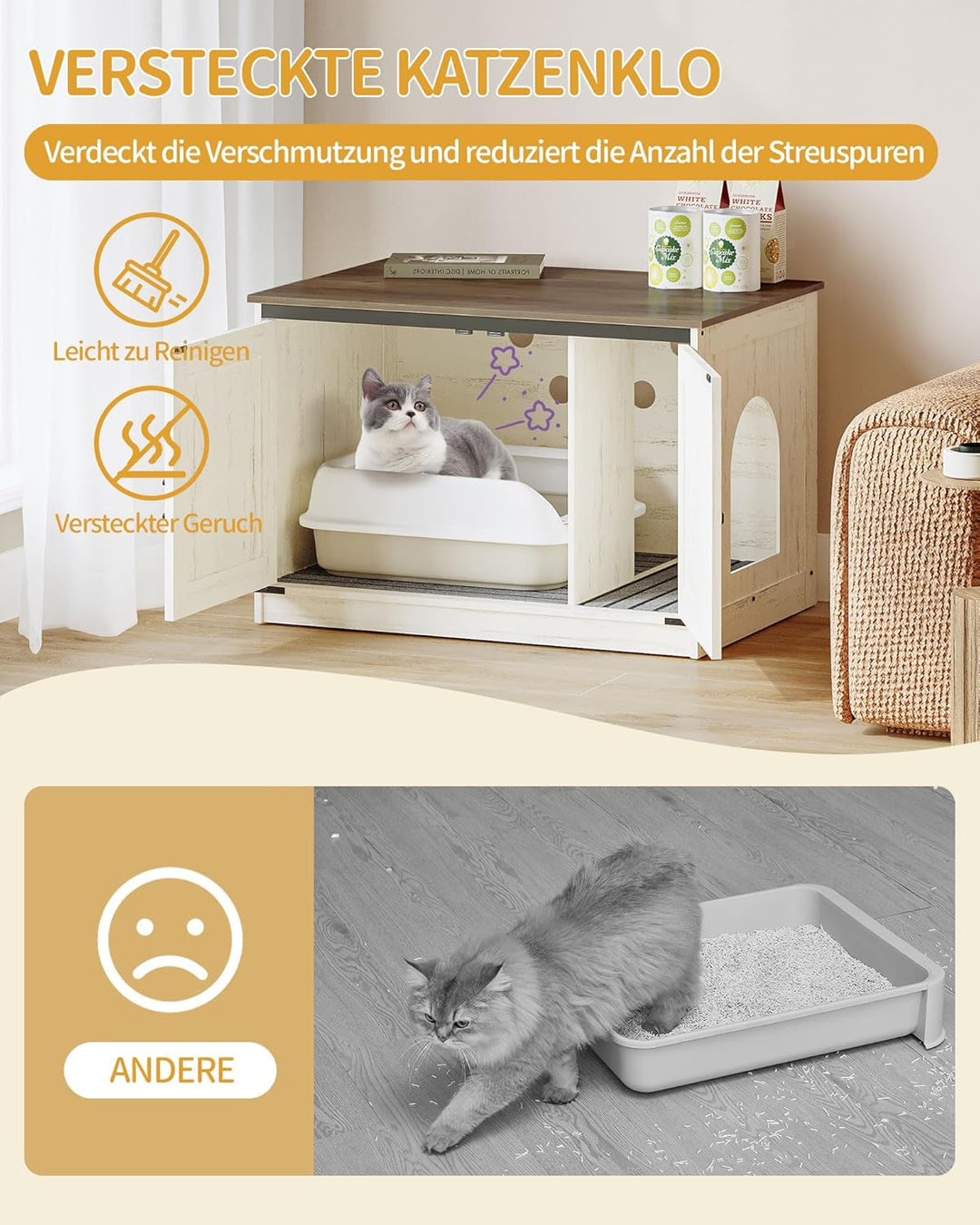 Hzuaneri Katzenklo Schrank, Katzenschrank, Katzentoilette mit Herausnehmbarer Trennwand, Katzenhaus,