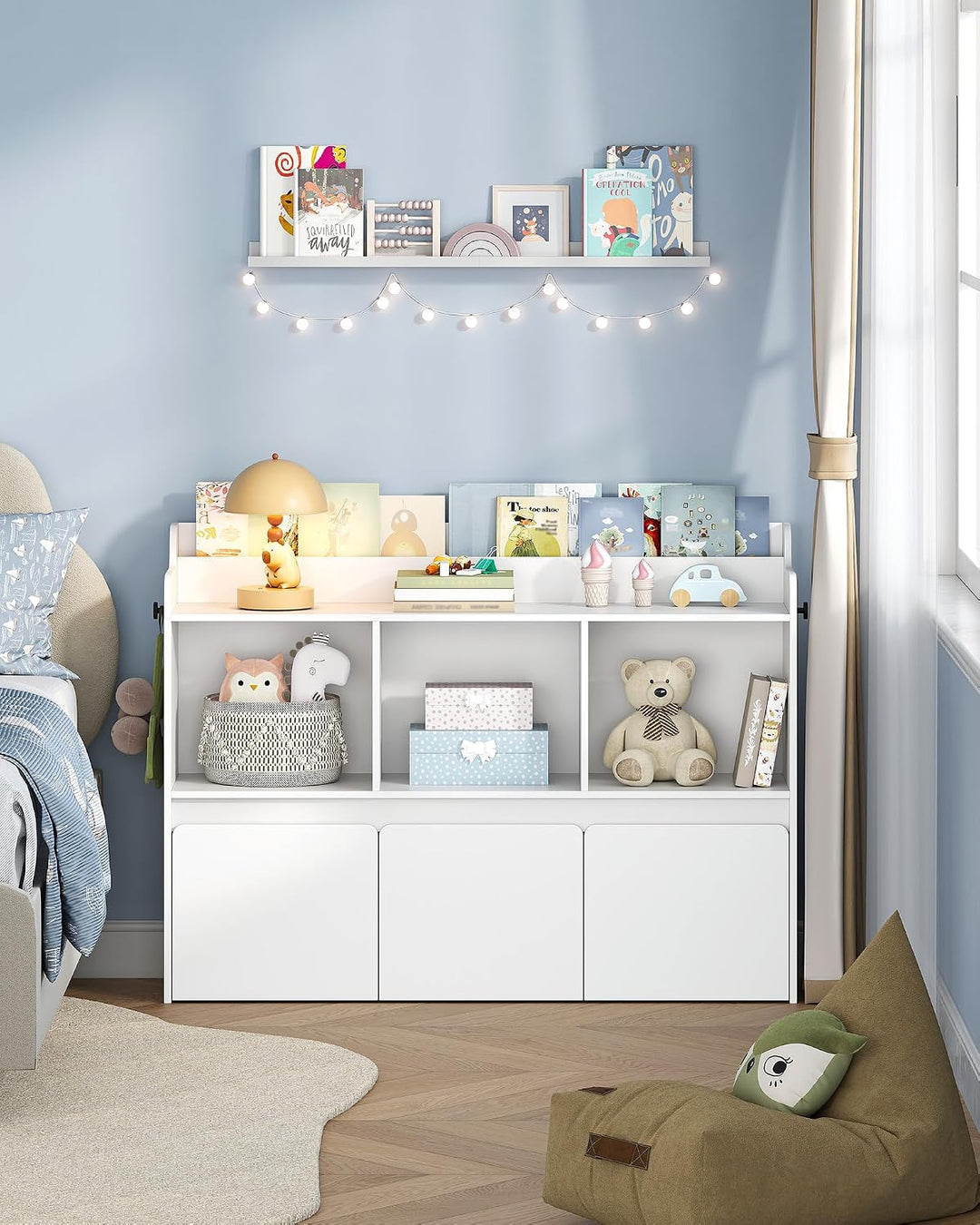 Hzuaneri Kinderregal mit Bücherfach &amp; Rollschubladen 30 x 108 x 80 cm, Weiss | 3 offene Fächer, 3 ro
