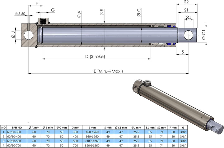 Hydraulik-Zylinder einfachwirkend mit Querbohrung (Ø 30, Hub mm : 300) Ø 30 Hub mm : 300, Ø 30 Hub m