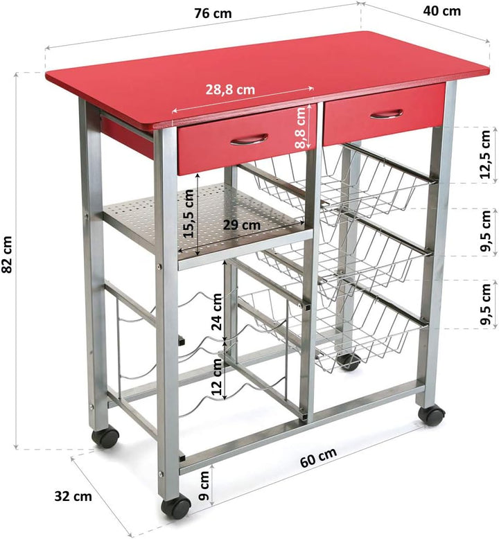 Versa Leicester Küchenwagen mit Rädern, Schubladen und Flaschenregal, Gemüsehändler, Küchenablage, M