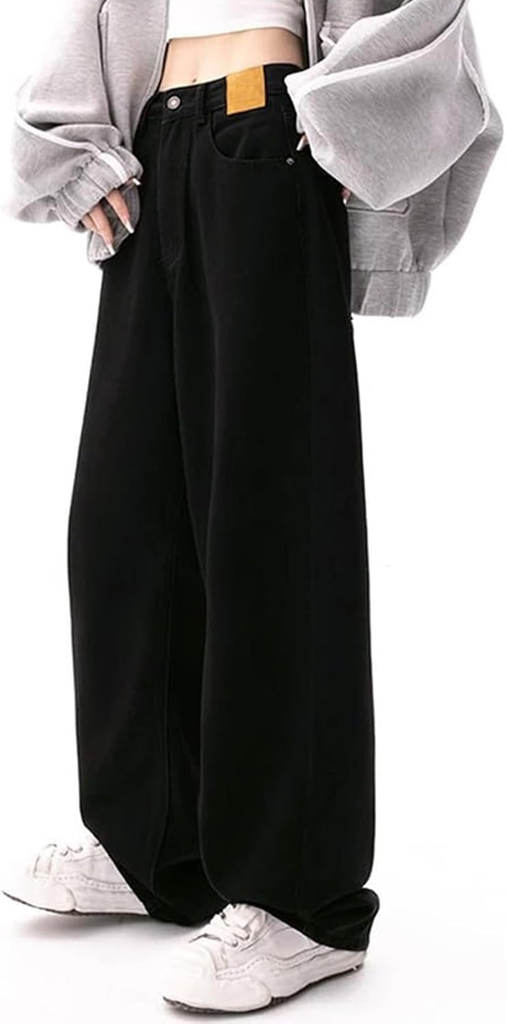 Damen Baggy-Jeans mit hoher Taille weites Bein Denim-Hose 90er-Jahre-Streetwear gerade Beinhose lock