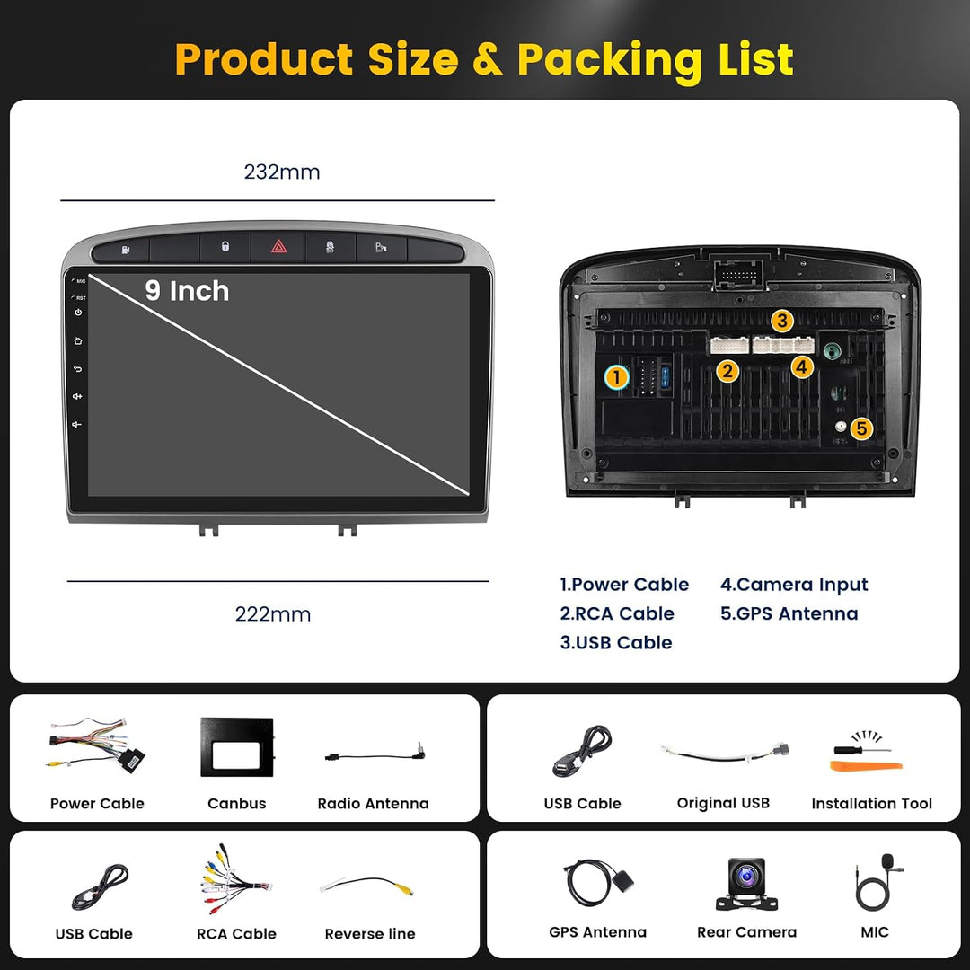 Hikity Android 15 Autoradio für Peugeot 308 2007-2015 9 Zoll CarPlay 2+64G, 2+64G