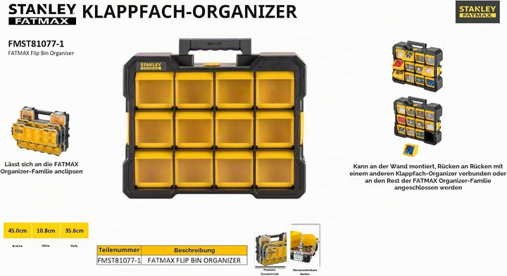 Stanley Fmst81077-1 Flip Bin Organizer FatMax® Grosse, weite Basis- Kippbare und abnehmbare Eimer -