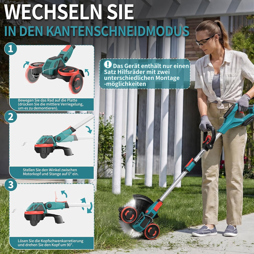 Rasentrimmer mit Akku, 21V Akku Rasentrimmer für Makita Akku, Rasentrimmer mit Unkrautbürste, 2 * 4.