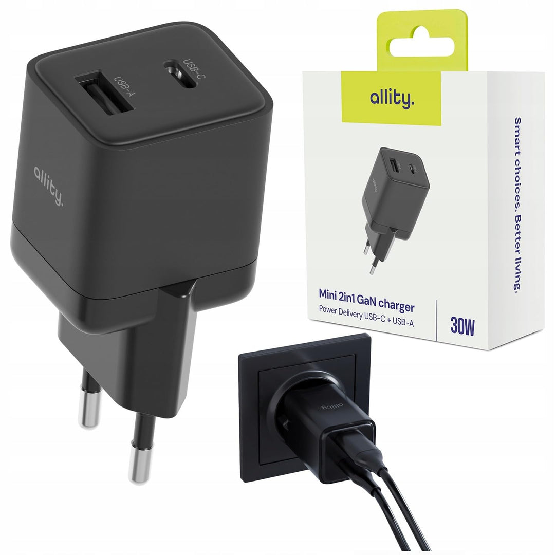 GaN Ladegerät 30W USB-C + USB-A Schnellladegerät | Mini Netzteil mit Power Delivery &amp; Quick Charge |