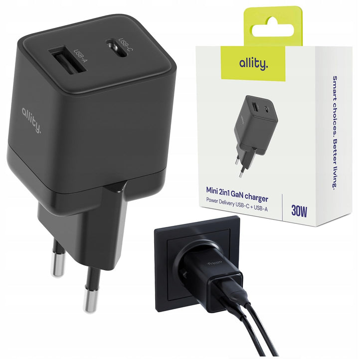 GaN Ladegerät 30W USB-C + USB-A Schnellladegerät | Mini Netzteil mit Power Delivery &amp; Quick Charge |