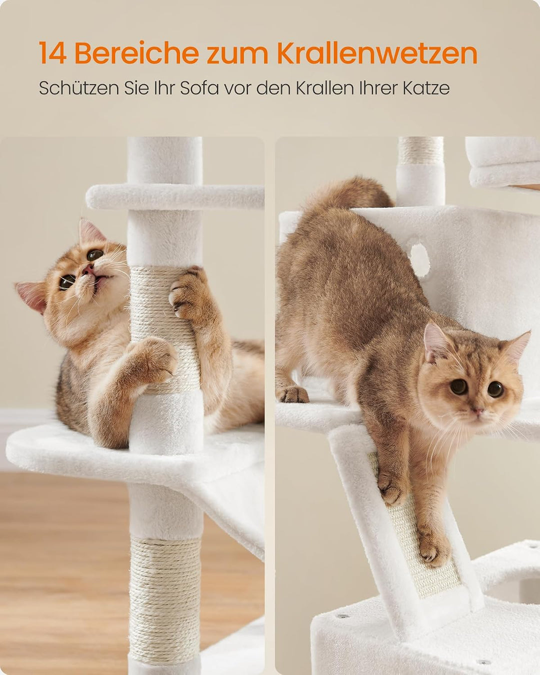 Feandrea Kratzbaum gross, L, 165 cm hoch, 13 Kratzsäulen, 2 Plattformen Cremeweiss L (55 x 45 x 165