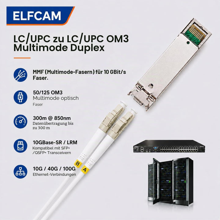 Elfcam® - 10m LC/UPC zu LC/UPC OM3 Multimode Duplex 50/125um LSZH Glasfaserkabel (Optisches Jumper),