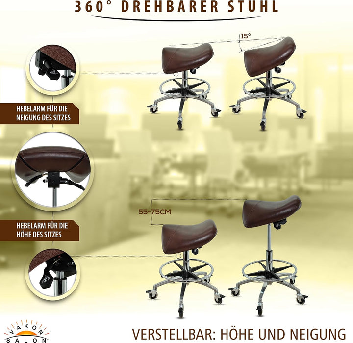 Sattelhocker mit Neigung Braun, Sattelstuhl, Rollhocker höhenverstellbar von 55-75 cm mit Fussring,