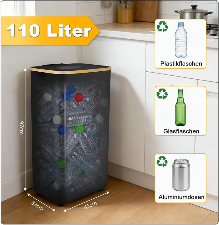 Pfandflaschen Sammelbehälter 110L, Gross Pfandflaschen Behälter mit 2 Tragetaschen und Deckel, Faltb