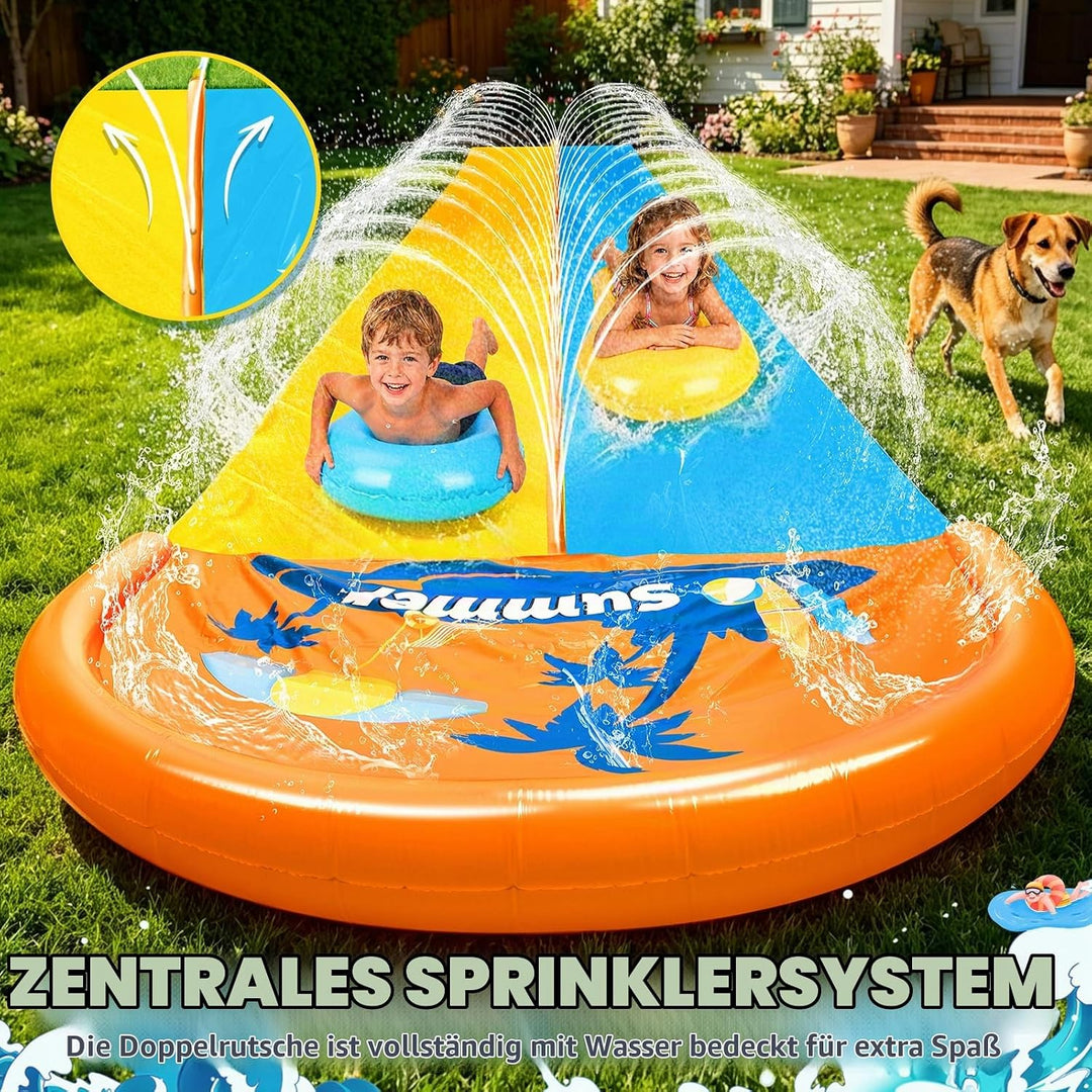 JONRRYIN 950cm Wasserrutsche, Extra Lange Doppel Garten Wasserrutsche mit 2 Aufblasbare Boards 1.55m
