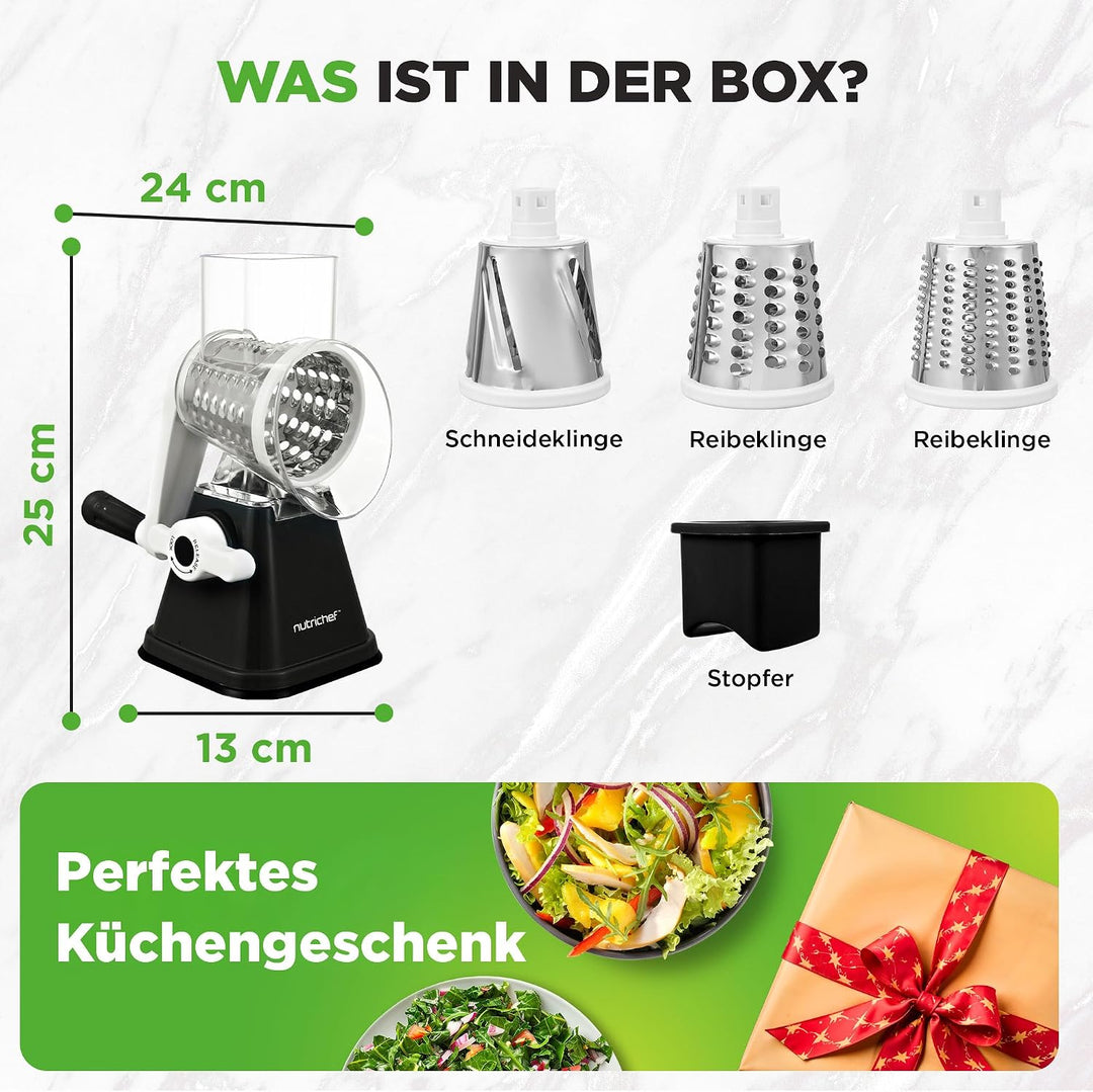 NutriChef Gemüsehobel mit Kurbel, 3 Klingen für Käse &amp; Gemüse – Schwarz, Schwarz