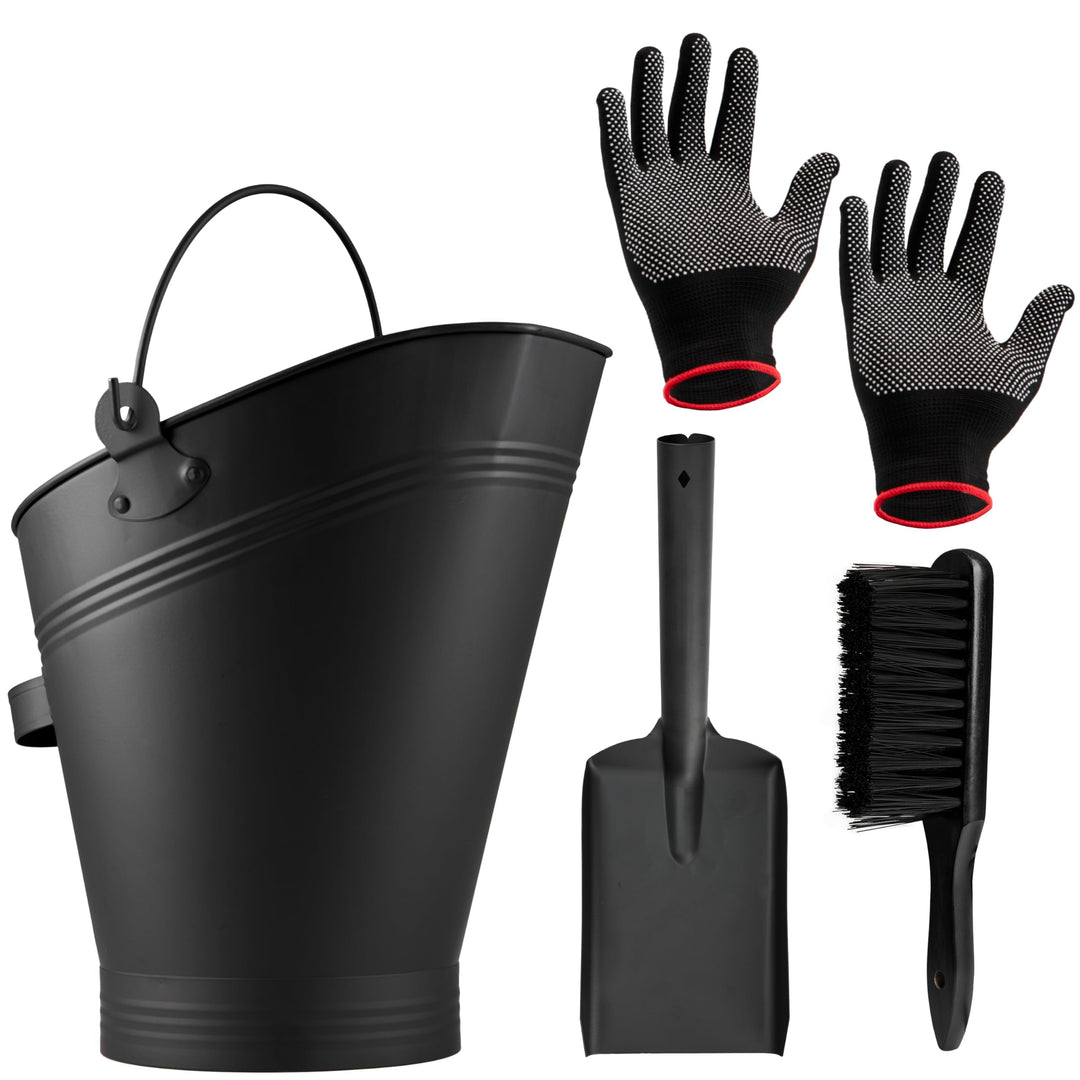 DecoExpress Aschekasten Kaminzubehör Set mit Ascheeimer 7 Liter, Asche Schaufel, Bürste &amp; Handschuhe