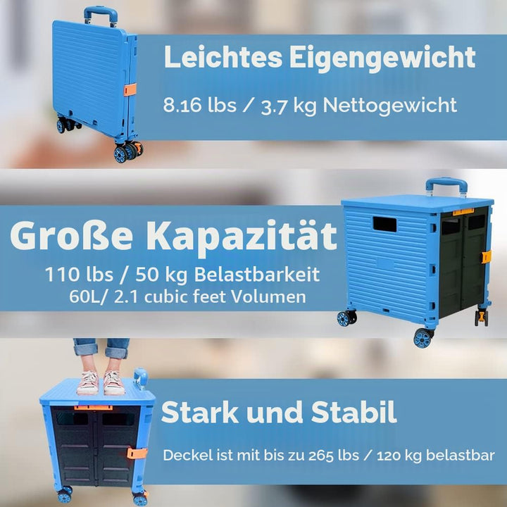Faltbare Einkaufstrolley-Box auf Rädern mit Deckel, verschleissfester, geräuschloser 360 ° -Drehung