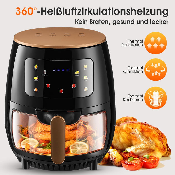 Heissluftfritteuse 6L, Ölfreie Airfryer mit Sichtfenster, 1400Watt, LED-Touchscreen, 8 Programme, 36