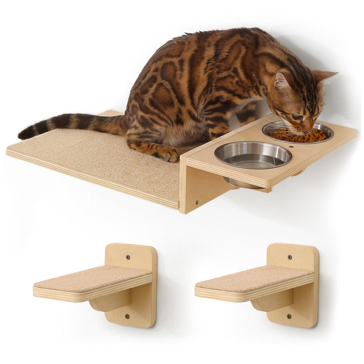 FUKUMARU Kletterwand Katzen Set, 2 Katzentreppe aus Massives Gummiholz, Katzenwand mit Katzennapf au