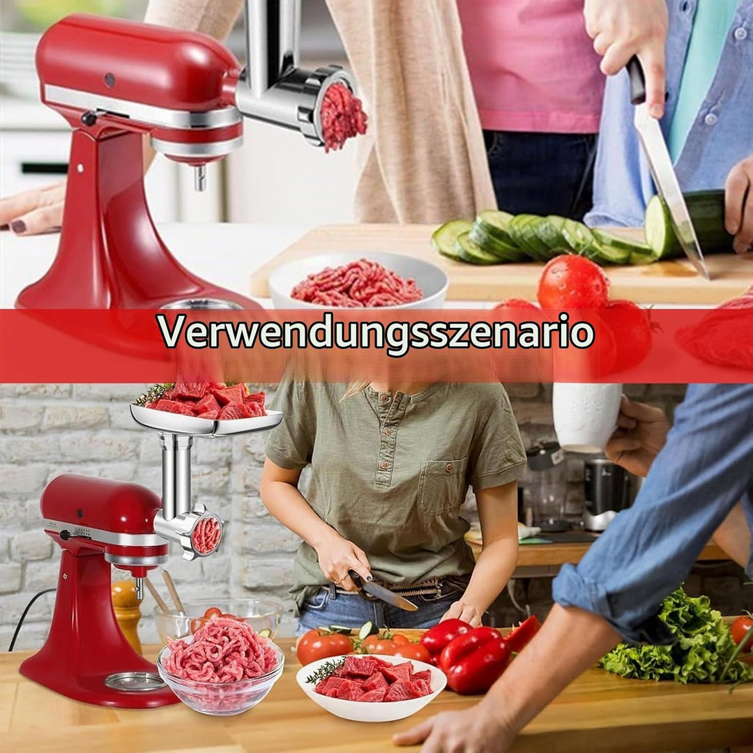 Fleischwolf Aufsatz, Kitchen Aid Zubehör aus Edelstahl mit 4 Mahlscheiben 3 Wurstfüllrohre 3 Klingen