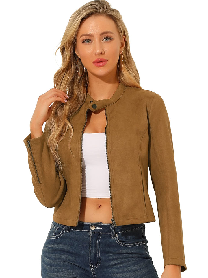 Allegra K Damen Faux Wildleder Jacke Stehkragen Reissverschluss Kurze Bikerjacke S Braun, S Braun