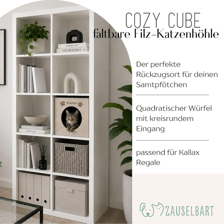 Personalisierte Katzenhöhle Filz mit Name, Katzenhaus Würfel passend für Kallax Regal, Beige, Beige