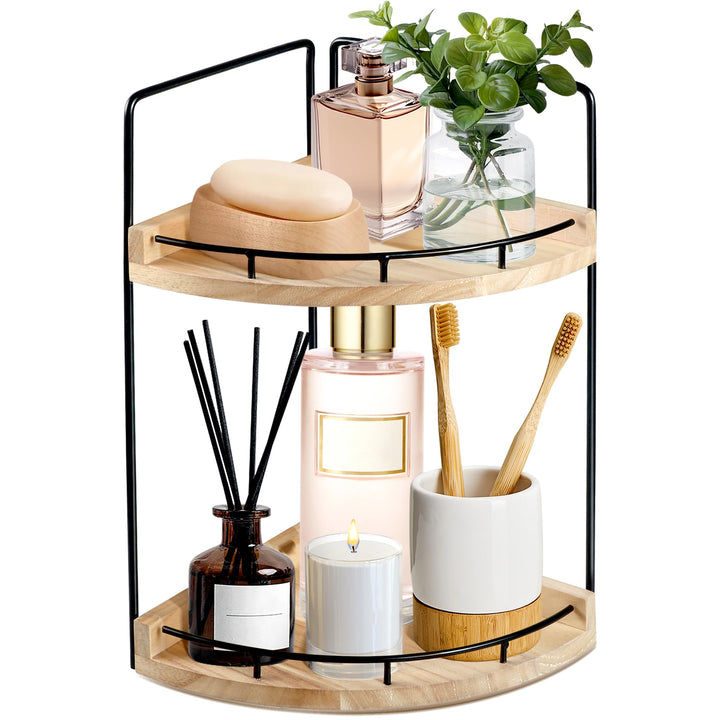 2 Ebenen Badezimmer Organizer, Eckregal Badezimmer Regal aus Holz mit Metallgestell, Arbeitsplatten-