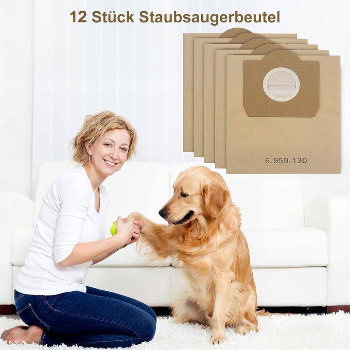 Fishoney 12 Stück WD3 Staubsaugerbeutel für Kärcher 6.959-130.0, Papier filterbeutel für WD3 1629 MV