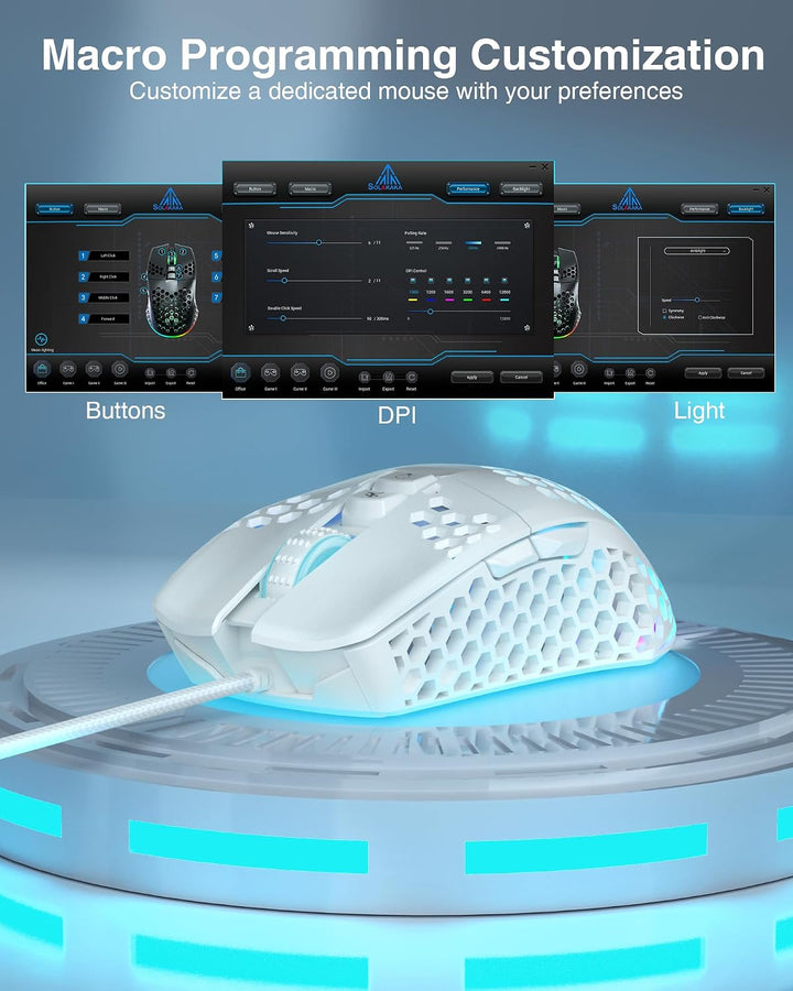 SOLAKAKA SM900 Gaming-Maus mit Wabenstruktur, 12800 DPI, 7 programmierbare Tasten, leichte Gaming-Ma