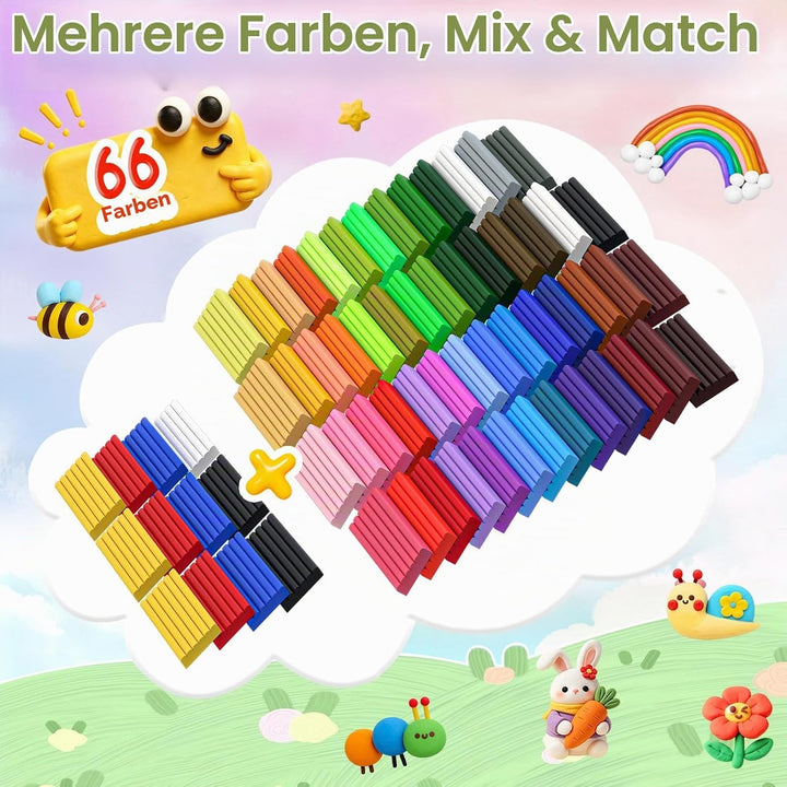 Polymer Clay Set, 66 Farben Modelliermasse Knete Kit für Kinder | 20g Each Ofenhärtende Knetmasse mi