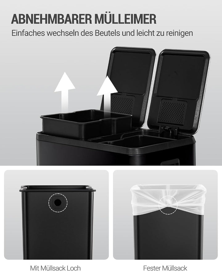 Hzuaneri Mülleimer Küche, Mülltrennsystem 2 Fächer 60L (2 x 30 L), Edelstahl-küchenmülleimer, Tretmü