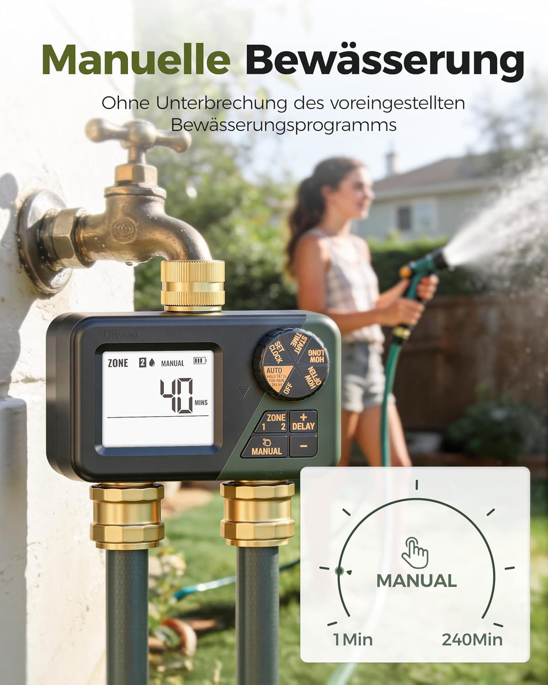 Diivoo Bewässerungscomputer 2 Ausgänge, Programmierbare Wasserschlauch Timer 2 Outlet für Garten, Ou