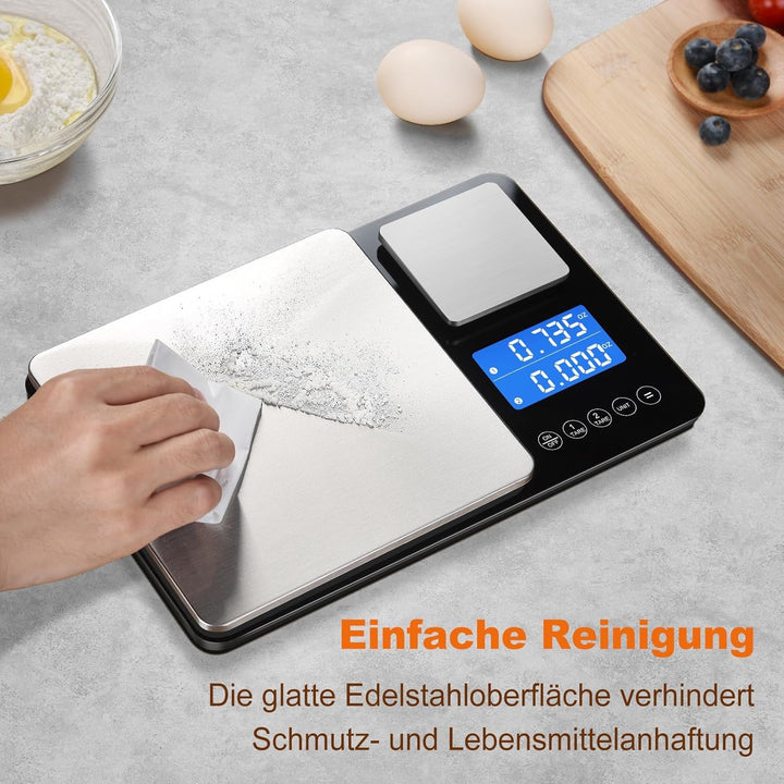 Küchenwaage Digital,Digitale KüChen mit 2 Plattformen 15kg/1g &amp; 500g/0.01g Feinwaage mit 7/6 Einheit