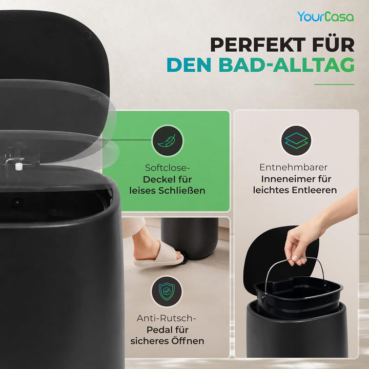 YourCasa Mülleimer Bad [5L] + Klobürste Set - Elegantes Design - Badeimer - Kosmetikeimer Badezimmer