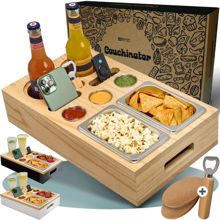 Premium Couchbar - Kiriholz - 3 Farben - 3 Dipschalen 2 Snackschalen 2 Untersetzer 1 Flaschenöffner,