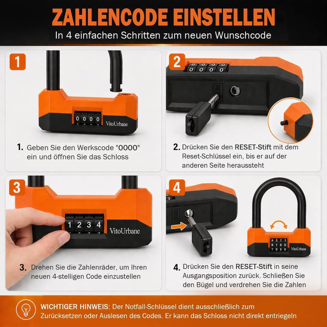 Fahrradschloss mit Zahlencode - 18 mm Fahrrad Bügelschloss und 120 cm Kette Orange und Schwarz, Oran