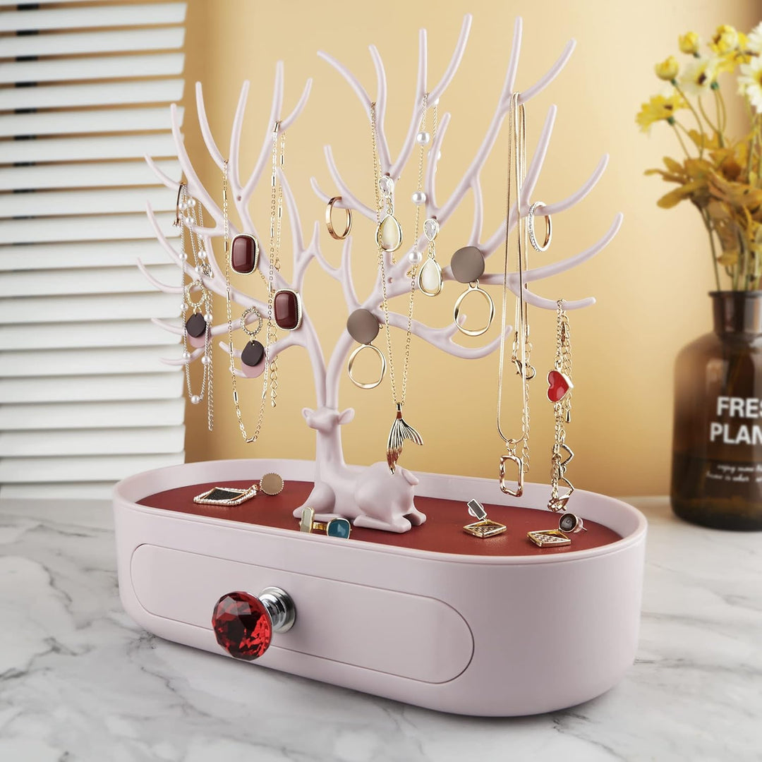 MORE&amp;LESS Rotes Kunstleder Roter Kristall Griff Hirsch Ornament Display Rack Ring Ohrringe Halskette